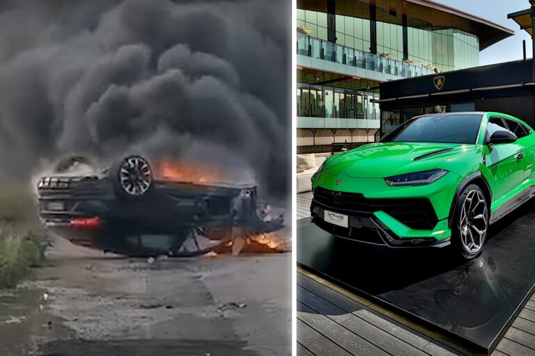 A $200,000 Lamborghini SUV flips over in a crash and catches fire in the worst possible place